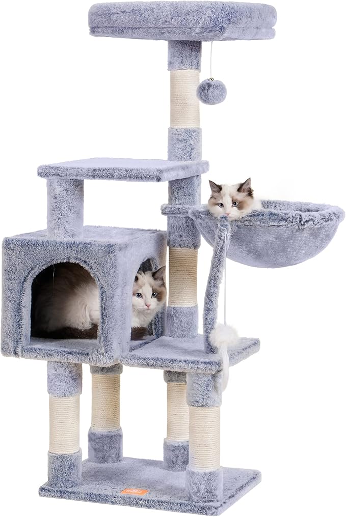 Heybly Cat Tree with Toy, Cat Tower Condo for Indoor Cats, Cat House with Padded Plush Perch, Cozy Hammock and Sisal Scratching Posts, Pewter HCT004SPE
