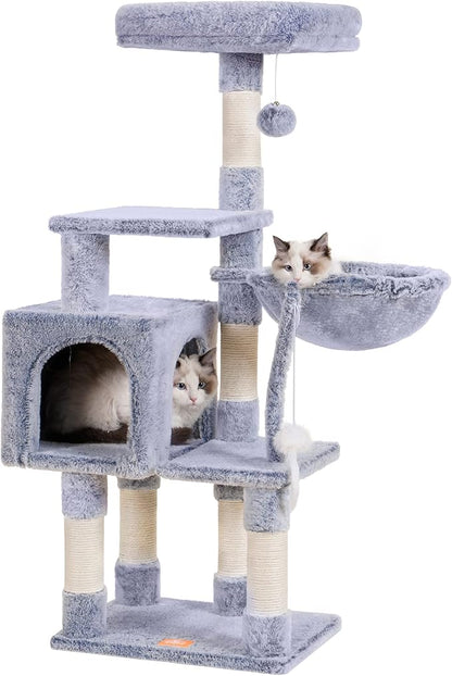 Heybly Cat Tree with Toy, Cat Tower Condo for Indoor Cats, Cat House with Padded Plush Perch, Cozy Hammock and Sisal Scratching Posts, Pewter HCT004SPE