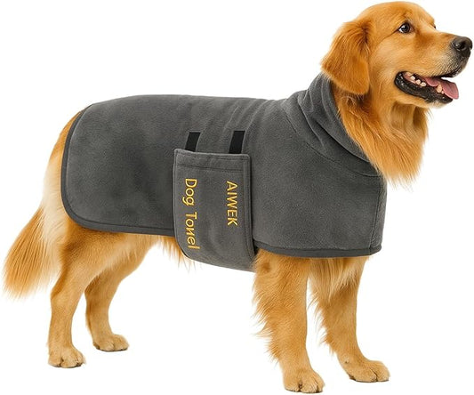Dog Towel Dog Bathrobe, Microfiber Super Absorbent Pet, Quick Drying Robe for After Bath, Adjustable Collar & Belly Strap Pet Cat Bath Robe Towel Grey-2XL