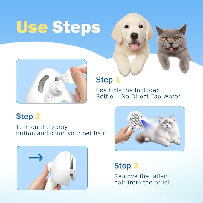 PETCHO 4-in-1 Pet Grooming Steam Brush for Cats & Dogs – Steam Spray, Blue Light, Hair Removal, Self-Cleaning Comb – Includes Pet Waterless Shampoo