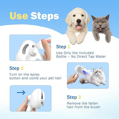 PETCHO 4-in-1 Pet Grooming Steam Brush for Cats & Dogs – Steam Spray, Blue Light, Hair Removal, Self-Cleaning Comb – Includes Pet Waterless Shampoo
