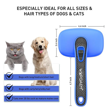 Self Cleaning Slicker Brush for Dog, Cat, Skin Friendly Shedding & Grooming Tool for Long and Short Haired Pets, Easy Clean Retractable Bristles, Blue