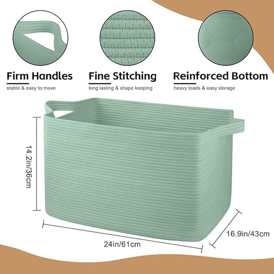 95L Extra Large Blanket Basket, 24" x 16.9" x 14.2" Woven Storage Basket for Living Room, Rectangle Nursery Blanket Storage for Toys, Towels, Dirty Clothes (Green)