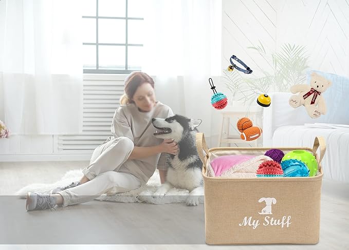 Geyecete Canvas Dog Toy Storage Dog Toy Basket-Box for Dog Toy Bins, Dog Blanket, Dog Clothes Storage - Pet Toy and Accessory Storage Bin-Beige-S