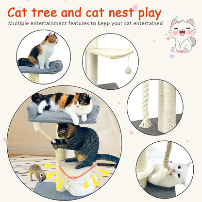 35" Cat Tree Tower for Indoor Cats, Tall Cat Scratching Post with Large Bed for Maine Coon Big Cats, Sisal Cat Scratcher with Soft Perch & Hammock, Stable Cat Stand, Gray