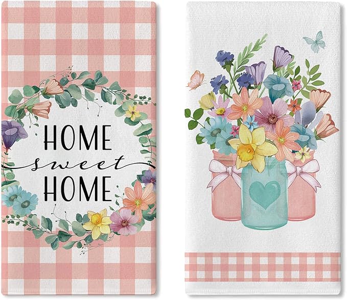 Spring Summer Floral Kitchen Dish Towels Set of 2, Home Sweet Home Floral Wreath Drying Hand Towel Baking Cooking Cloth, Pink Plaid Mason Jar Family Farmhouse Bathroom Decoration 18'' x 26''