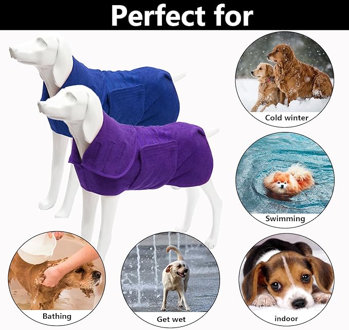 Geyecete 2 Pack Dog Drying Coat Dry Fast Dog Bag Dog Bathrobe Towel,Microfibre Fast Drying Super Absorbent Pet Dog Cat Bath Robe Towel Blue/Purple-2XL