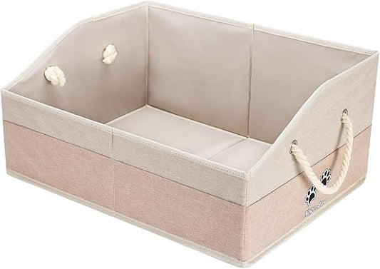 Large Dog Toy Basket With Handle, Foldable Dog Toy Box for Living Room Area, 20" Basket for Dog's Toys, Clothes, Organizers and Storage with Hard Board, Anti-slip for Pet Toys (Beige, Medium)