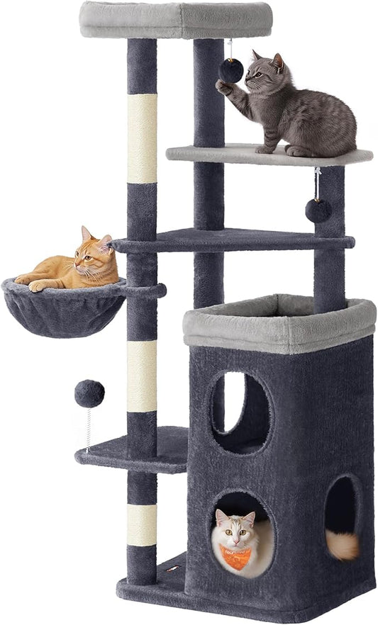 Feandrea Cat Tree, 60-Inch Cat Tower, Multiple-Level Plush Condo with 2 Caves, 3 Scratching Posts, 3 Perches, Dark Gray UPCT007G02