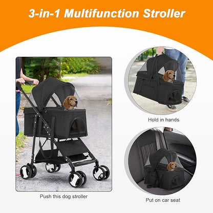 BestPet Pet Dog Stroller with Premium 3-in-1 Multifunction & Detachable Carrier for Folding Lightweight Cat Travel Stroller,Black