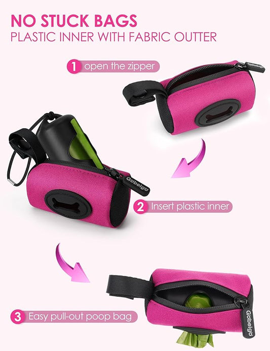 Gobeigo【Easy Pull-Out Version】 Dog Poop Bag Holder,【2-in-1 Hard Plastic Insert & Soft Fabric Bag】Snap-On Strap Dispenser Fits Retractable and Standard Leashes with 1 Roll Bags (Hot Pink)