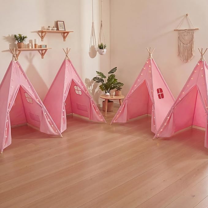Wilwolfer 4 Pack Teepee Tent for Kids, Foldable Indoor Play Sleepover Tent with Star Lights for Girls Party, Portable Toddler Slumber Party Tents Gift, Pink