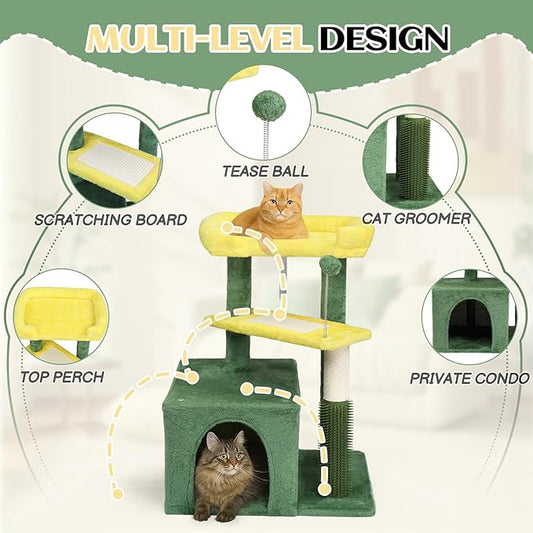 Outvita Cat Tree 27.5in Small Cat Tower, Multi-Level Cat Tree Tower with Cat Scratching Post and Pad, Cozy Cat Condo, Padded Top Bed for Kittens and Indoor Cats, Yellow & Green