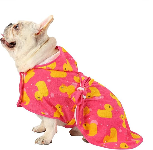 HDE Dog Bathrobe Super Absorbent Quick Drying Puppy Towel Wrap Coat Adjustable After Bath Robes with Hood for Dog Sizes S-XXL Pink Rubber Ducks S