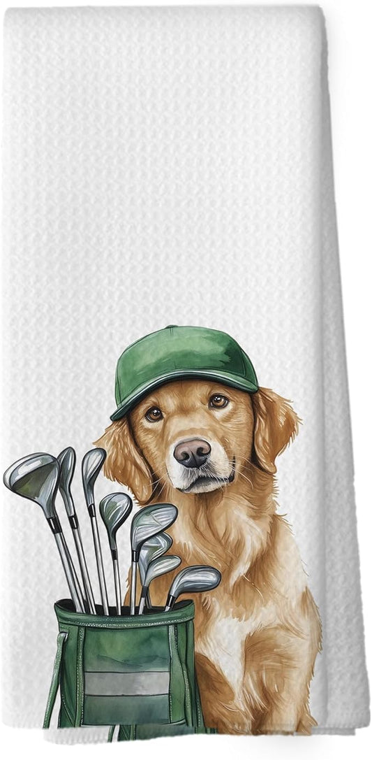 Golf Dog Kitchen Towels - Golden Retriever Dish Towels, Sports Gifts, Pet Golf Club Decorative Absorbent Dishcloths Hand Towels for Spa Gym Kitchen Decor 16x24 Inches