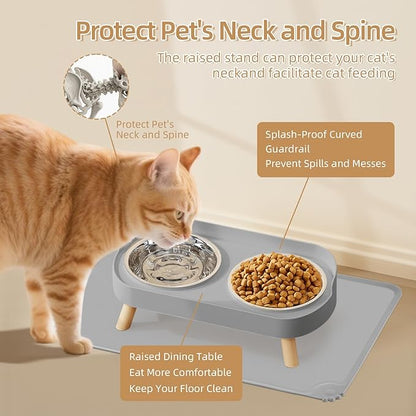 Elevated Cat Bowl with Food Mat, Raised Cat Food and Water Bowl Set for Indoor Cats, Splash Proof with 2 Stainless Steel Pet Food Bowls for Cats and Puppies,Whisker Fatigue and Dishwasher Safe (Grey)