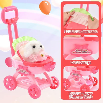 14PCS Dog Toys for Kids, Walking Barking Electronic Interactive Plush Puppy Toy with Pushcart and Accessories, Pet Care Toy Set for Kids, for Girls and Boys 3 4 5 6+ Year Old