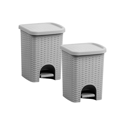 Superio 2-Pack Mini 6L Step Pedal Trash Can - Wicker Design, Hidden Mechanism, Durable Plastic, Ideal for Desktop, Countertop, Pet Waste/Dog Poop- Grey