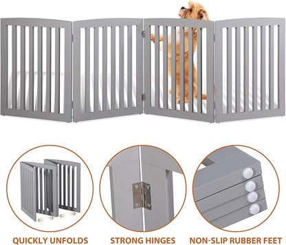 ZENY 24 Inch Pet Dog Gate, Foldable Freestanding Dog Door 4 Panel, White Wooden Z Shape Step Over Pet Fence for Entryway, Stairs, Doorway (Grey)