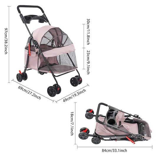 Pet Stroller for Small Medium Dogs Cats, Lightweight Foldable Pet Wagon with 360° Front Wheels & Brake, 40 lbs Capacity Carrier for Park Travel Shopping, Breathable Mesh Basket (Pale Pinkish Grey)