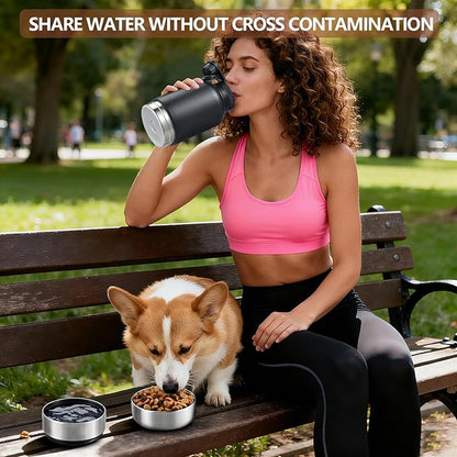 Insulated Dog Water Bottle with 2 Bowls, 32oz Travel Stainless Steel Double Wall Thermos, Portable Pet Dispenser, Gifts for Puppy Small Medium Dogs Walking Hiking and Camping