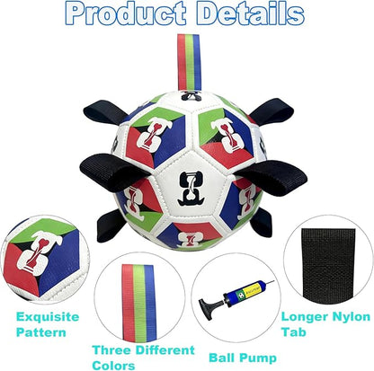 Dog Toys, Word-Cup Style Soccer Ball with Straps, Interactive Lightweight Dog Toys for Outdoor Play, Tug of War, Puppy Birthday Gifts, Water Toy - Ideal Pet Gift for Large Dogs (8 Inch)