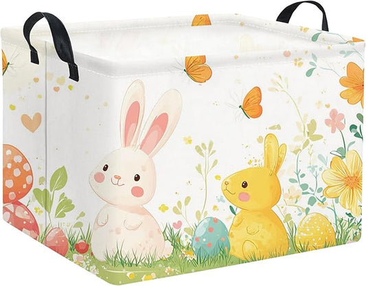 HIYAGON Rectangular Easter Gift Basket Kids Storage Basket for Boys Bunny Room Decor Cute Toy Storage Organizer Bins Bedroom(Colorful Easter Bunny)