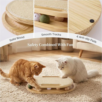 ZOMISIA Cat Scratcher with Ball Track Toy, Sisal Scratch Pad for Indoor Adult Cats, Wooden Interactive Cat Puzzle Toys for Kitten Mental Stimulation Self Play Home Enrichment