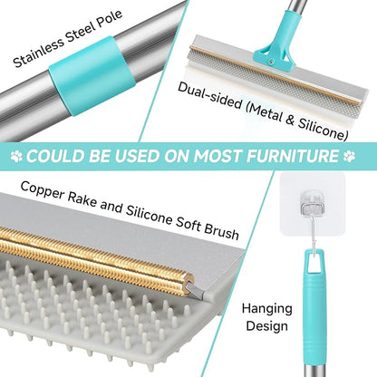 Carpet Rake for Pet Hair Removal Tool, Reusable Pet Hair Remover Broom, Dog&Cat Hair Remover Scraper Rake with 54” Adjustable Long Handle, 3 Pcs Carpet Brush Rake for Rugs, Mats, Couch, Furniture
