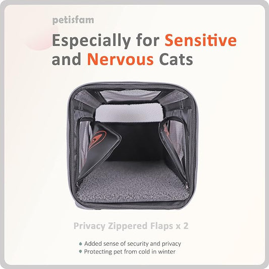 You've got This Cat Carrier with Privacy Flaps for Nervous Fur-Kids. Top-Load Quick-in. 360° Airy Mesh Windows Let Cats See You & Reduce Travel Anxiety. Rip-Stop Fabric & Lockable Zips Hug Securely