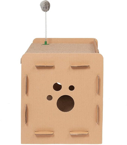 Furhaven Cardboard Cat House w/ Catnip for Indoor Cats, Ft. Scratching Pads & Toys - Modern Condo Corrugated Cat Scratcher Hideout - Cardboard Brown, One Size