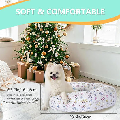 23 Inch Christmas Snowflakes Calming Dog Bed for Small Dogs Cats, Kitty Puppy Round Anti-Anxiety Warm Bed, Soft Cozy Anti-Slip Donut Washable Pet Bed, Fits up to 30 lbs Pets