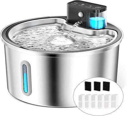 PawPoll Wireless Cat Water Fountain Stainless Steel - 3.2L/108oz Cordless Pet Water Fountain Battery Operated Cats Water Dispenser Silent Rechargeable Automatic Fountain with 6 Filters 3 Sponges