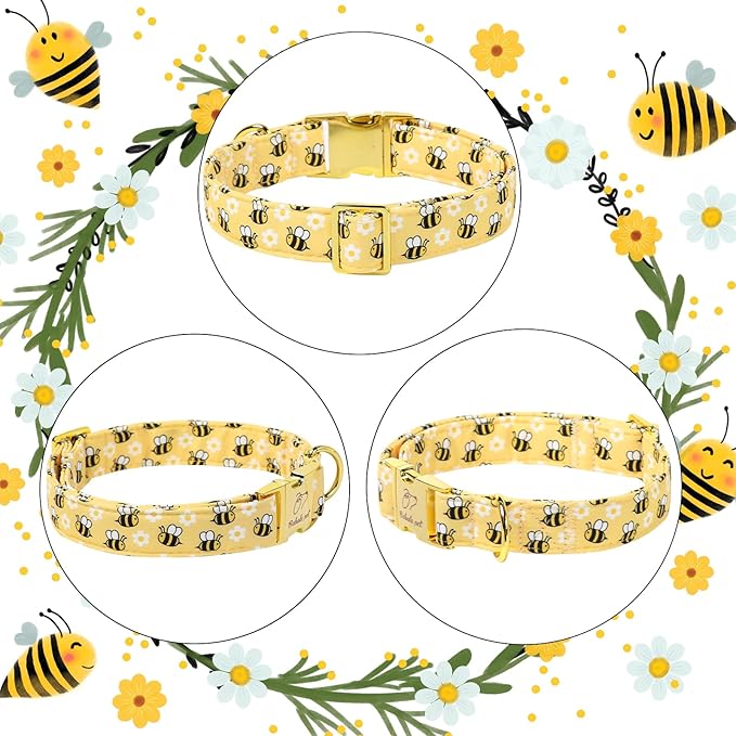 Yellow Bee Dog Collar, Cute Spring/Summer Cartoon Boy Girl Dog Collars, Adjustable Heavy Duty Male Female Dogs Collar for Small Medium Large Dogs with Metal Buckle M