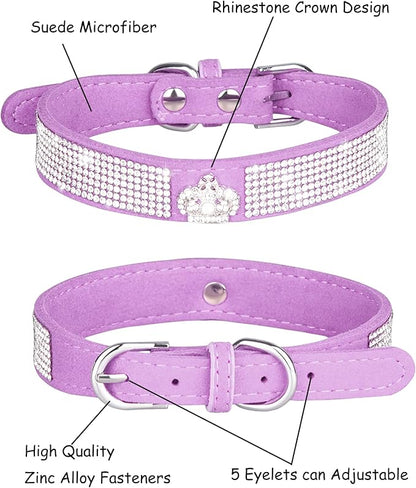Bling Dog Collar for Small Medium Large Dogs, Crown Rhinestone Dog Collars for Girl and boy Dog, Diamond Puppy Collars, Adjustable Leather Suede SOFE Cat Collar (XS(8.2"-10.6"/21CM-27CM), Purple)