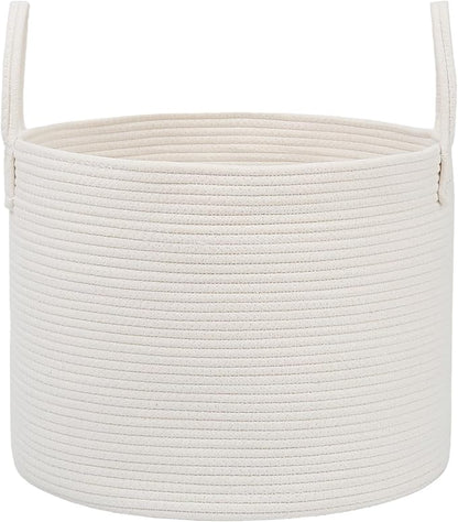 115L Extra Large Blanket Basket for Living Room - Woven Cotton Rope Laundry Hamper with Reinforced Handles - Storage Bin for Pillows, Comforters & Toys - Machine Washable,White