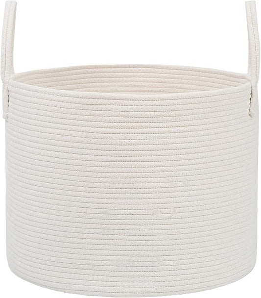 65L Extra Large Blanket Basket for Living Room - Woven Cotton Rope Laundry Hamper with Reinforced Handles - Storage Bin for Pillows, Comforters & Toys - Machine Washable,White