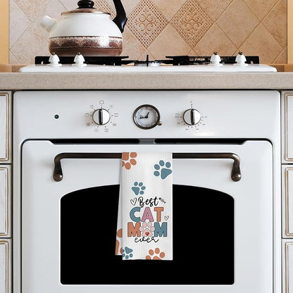 Best Cat Mom Ever Kitchen Towels, Cat Mom Lady Lover Gifts for Women, Cute Kitty Kitten Paw Decorative Dish Tea Hand Towels for Kitchen Bathroom, 16x24 Inches(Style A)