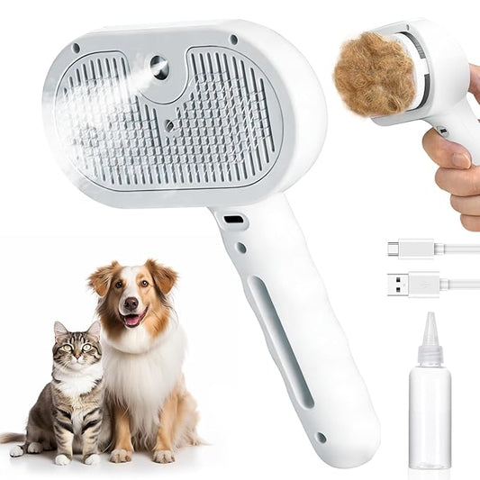 Pet Steam Brush for Dogs and Cats, 3-in-1 Self-Cleaning Deshedding & Grooming Spray Comb, Anti-Static USB Rechargeable with Cool Mist, for Long & Short Hair Pets (White)