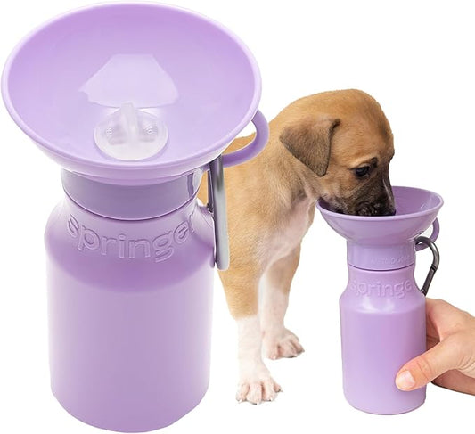 Springer Dog Water Bottle | Portable Travel Water Bottle Dispenser for Dogs - As Seen on Shark Tank | Patented, Leak-Proof Bottles Fill Bowl with Water - Ideal for Walking | BPA-Free 15oz Lilac