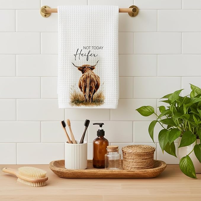 Not Today Heifer Highland Cow Hand Towels for Farmhouse Kitchen Bathroom Decor | Funny Waffle Weave Microfiber Dish Towel Western Gift