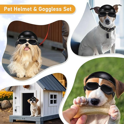 Frienda Dog Helmet and Goggles, UV Protection Doggy Sunglasses and 4 Inch Padded Puppy Motorcycle Helmet Adorable Dog Goggles with Adjustable Belt for Small Dogs Puppy Riding(Black,M)