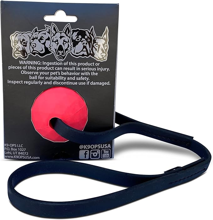 K9 Ops Dog Ball Tug with Handle Biotug Fetch Toy - Rubber Reward Toys - Large Dogs Durable Indestructible Aggressive Chewers Pitbull Dobermann Rottweiler Shepherd (MD/LG, Ruby Red)