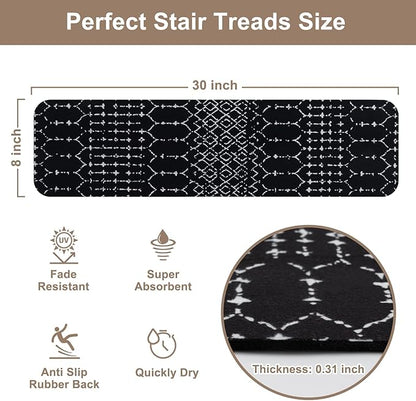OJIA Stair Treads Non-Slip Stair Runners for Wooden Steps Indoor 15PCS 30"x8" Carpet Stair Treads Stair Mats Staircase Step Treads for Kids, Elders and Dogs, Stair Covers, Black