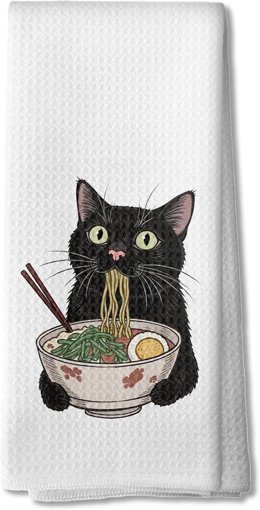 Funny Noodle Black Cat Kitchen Towels, Black Cat Mom Lady Gifts for Women Dish Tea Towels, Pet Lover Gifts Hand Towels for Kitchen, 16x24 Inch