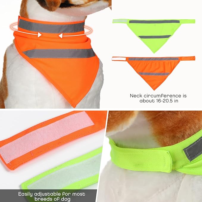 Saintrygo 2 Pieces Dog Bandanas Reflective Dog Scarf Yellow High Visibility Safety Camping Puppy Bandanas Triangle Bibs for Medium Large Pets Cats Puppy(16-20.5 Inches,Halter Neck)