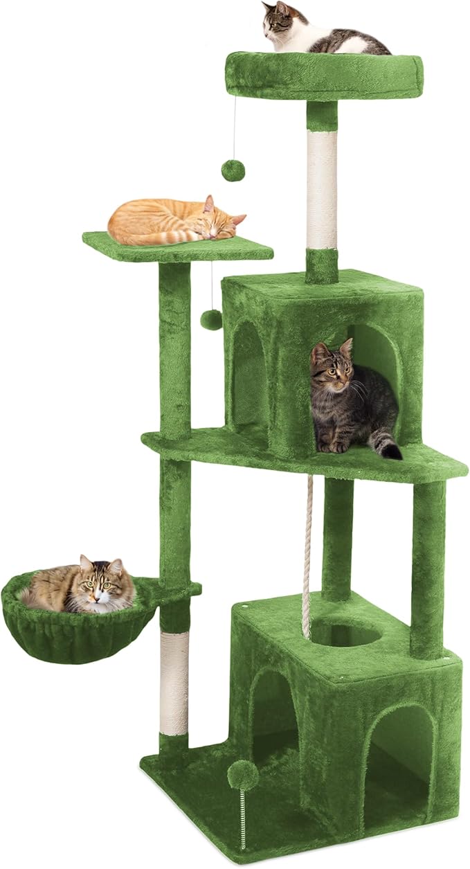Cat Tree, 54-Inch Cat Tower for Indoor Cats, Soft Plush Multi-Level Climbing Cat Condo with Scratching Posts, Basket, Perches,2 Caves,2 Pompoms Play House for Cat(Green)