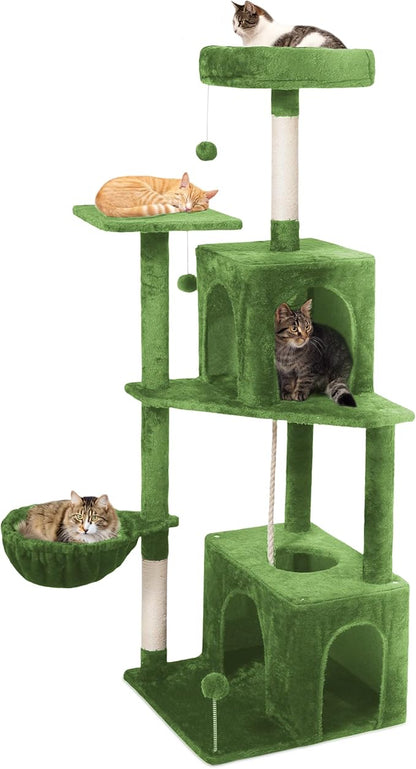 Cat Tree, 54-Inch Cat Tower for Indoor Cats, Soft Plush Multi-Level Climbing Cat Condo with Scratching Posts, Basket, Perches,2 Caves,2 Pompoms Play House for Cat(Green)