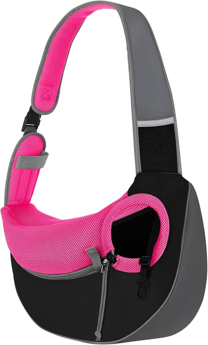 Pawaboo Dog Sling Carrier, Hand Free Breathable Mesh Bag for Puppy Cat, Drawstring Dog Papoose with Adjustable Strap and Pocket, Crossbody Satchel Dogs Purse for Outdoor Travel, S, Magenta