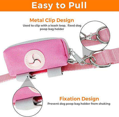 Dog Poop Bag Holder Zippered Pouch, Portable Dog Poop Bag Dispenser with 1 Metal Clip, Fashion Color Matching Canvas Waste Bag Holder for Leashes - Pink